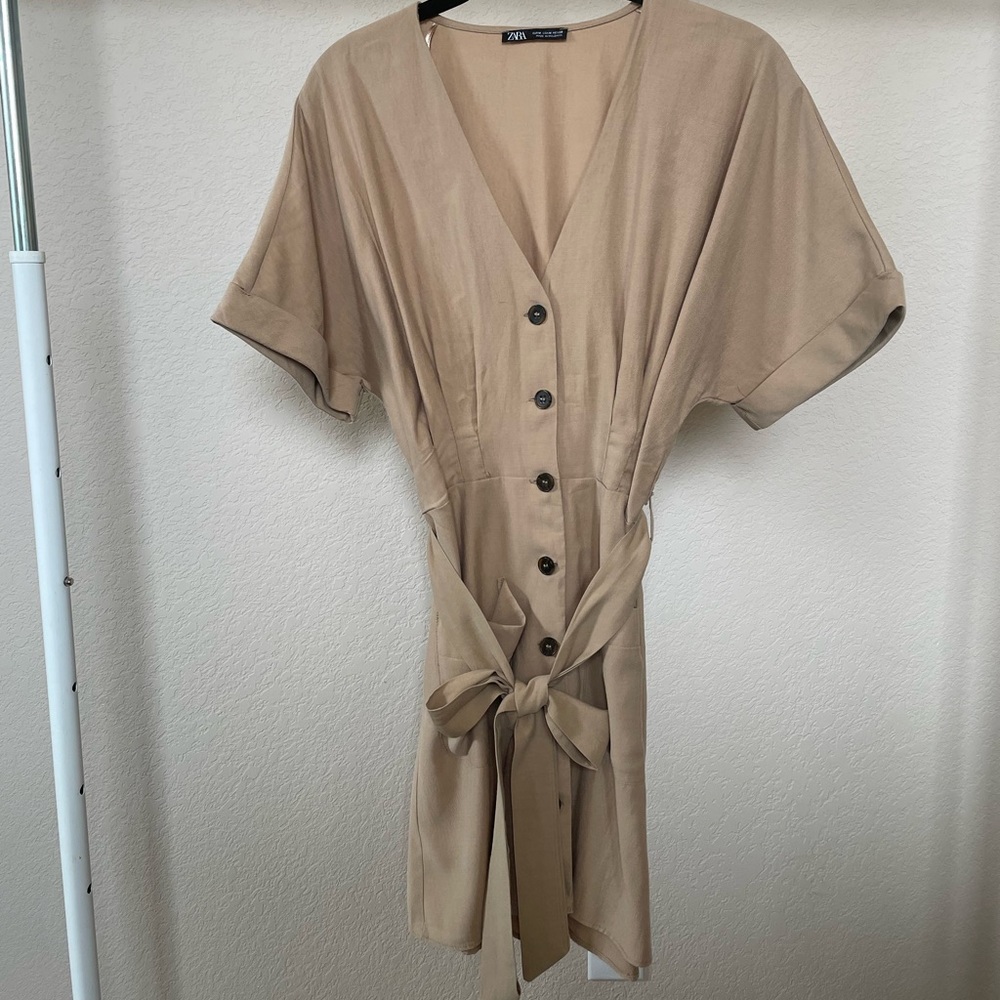 Zara Khaki Mini Belted Dress